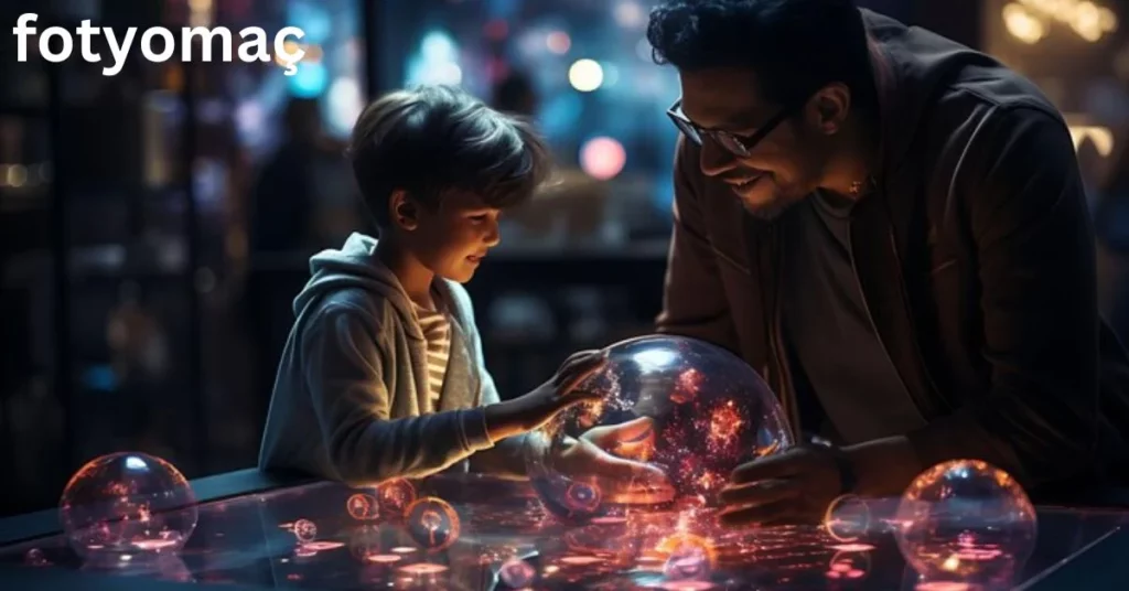 a person and child looking at a glass ball